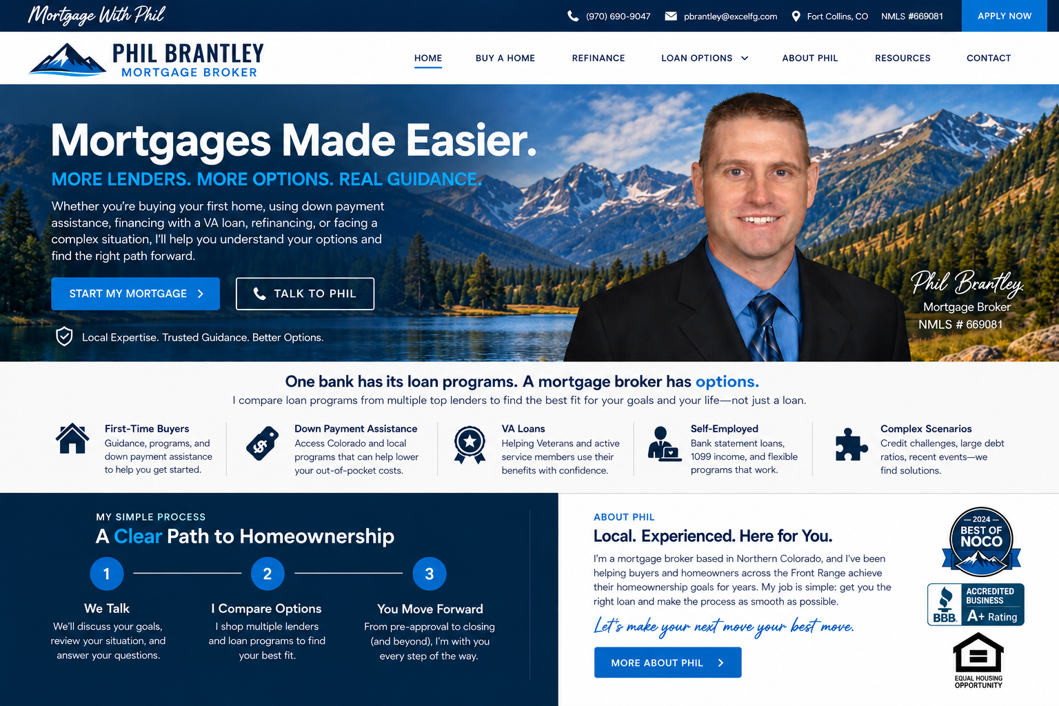 Mortgage With Phil homepage with Phillip Brantley, mortgage options, and homebuying process.